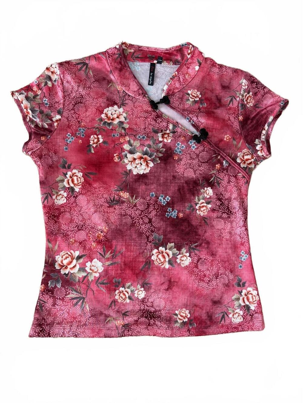 Fire Los Angeles Top Womens L Pink Floral Cheongsam Qipao Mandarin Collar